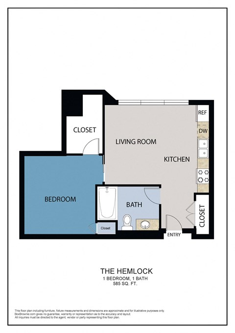 Floor plan for 1 bed, 1 bath, 585 sqft